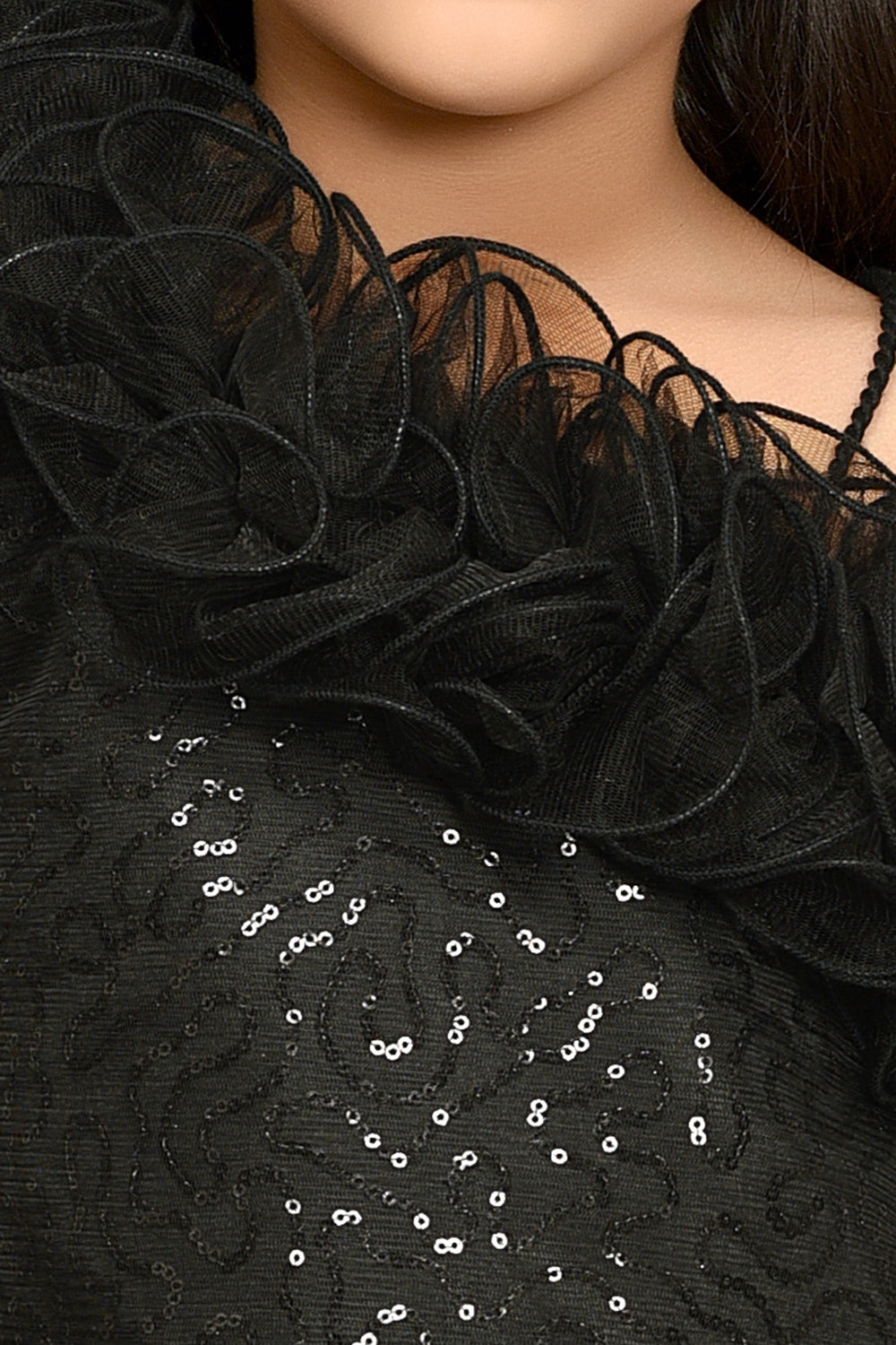 Sequined Aline Ruffled Dress -Black