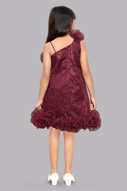 Sequined Aline Ruffled Dress -Burgundy