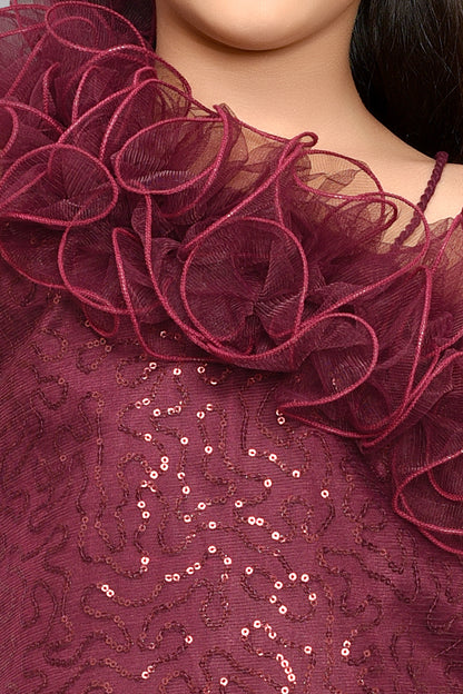 Sequined Aline Ruffled Dress -Burgundy