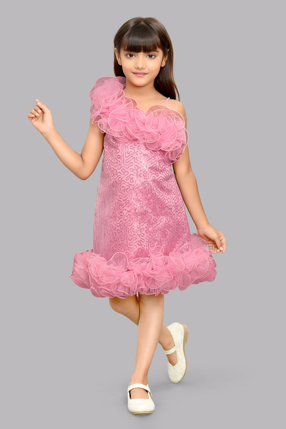 Sequined Aline Ruffled Dress -Rose Pink