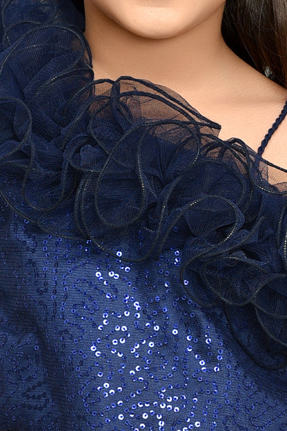 Sequined Aline Ruffled Dress -Navy Blue