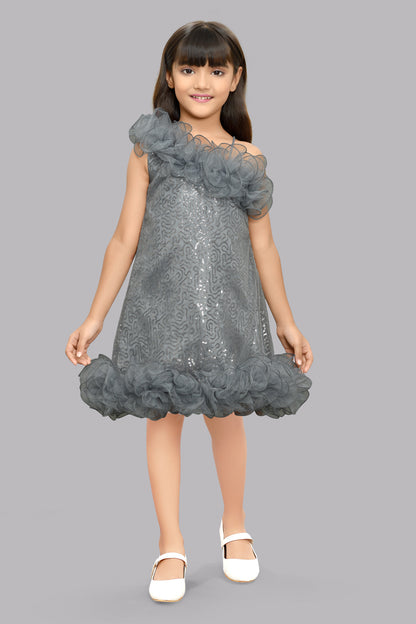 Sequined Aline Ruffled Dress -Grey