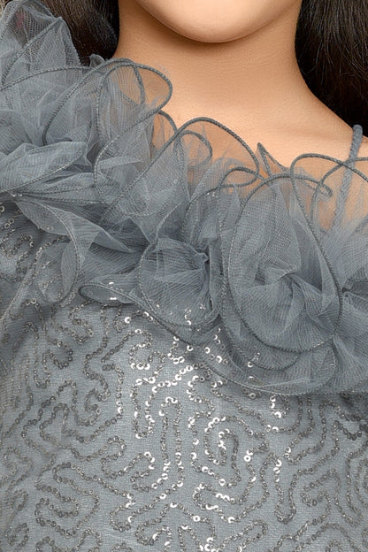 Sequined Aline Ruffled Dress -Grey