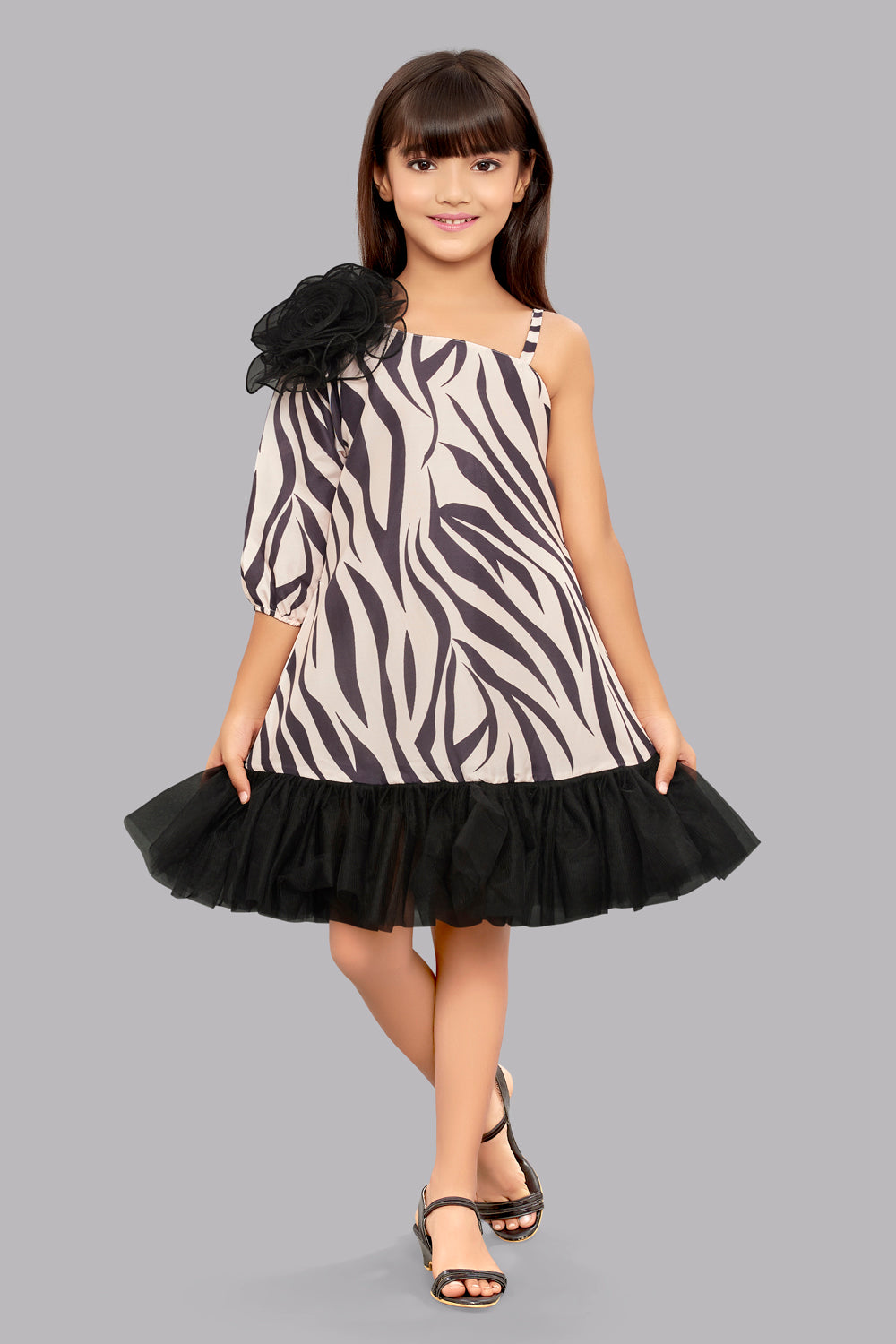 Zebra Aline Dress -Beige & Black