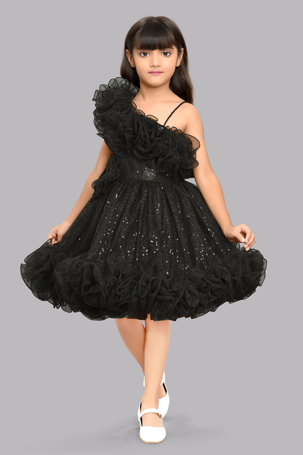 Sequined One shoulder Twirl Dress -Black
