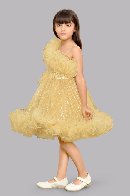 Sequined One shoulder Twirl Dress -Gold