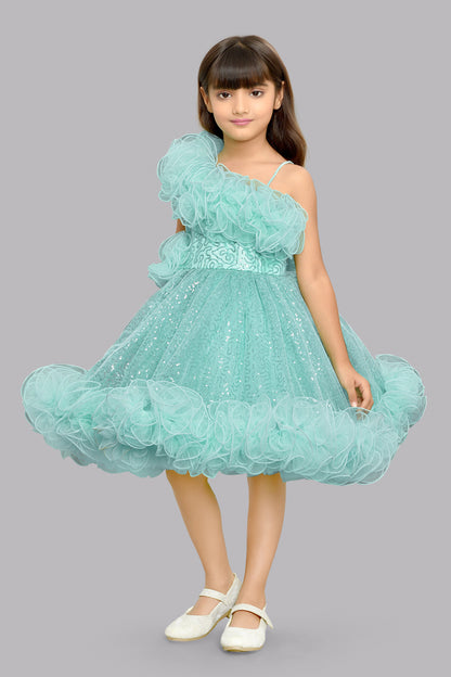 Sequined One shoulder Twirl Dress - Aqua