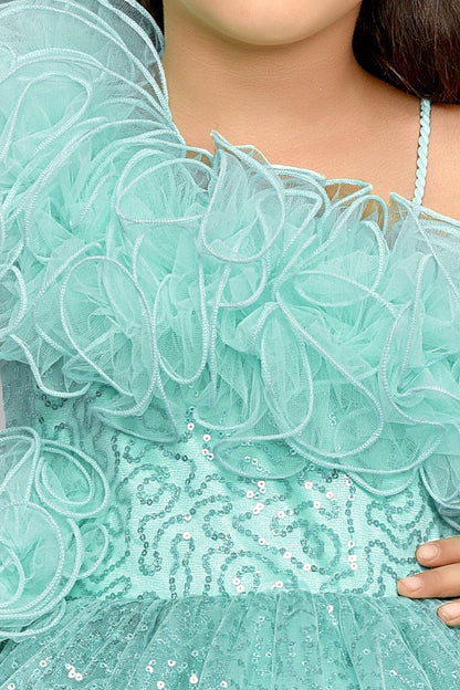 Sequined One shoulder Twirl Dress - Aqua
