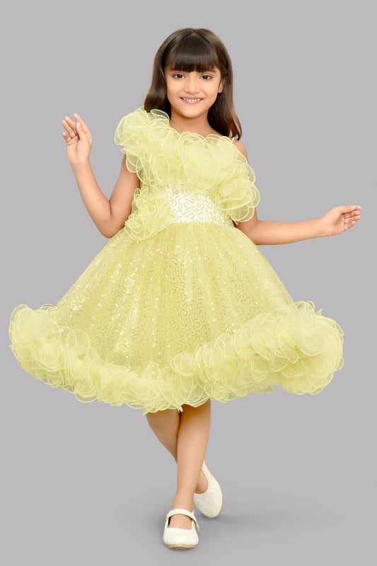 Sequined One shoulder Twirl Dress - Yellow