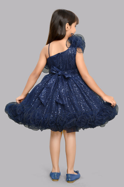 Sequined One shoulder Twirl Dress -Navy Blue