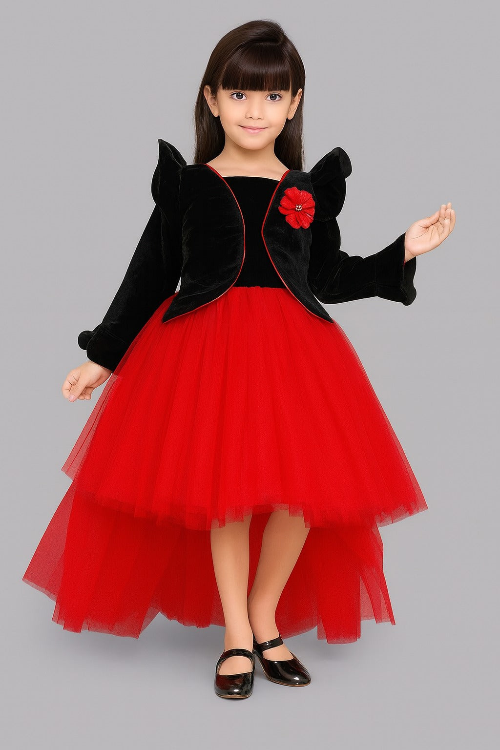 Pink Chick  Black Velvet and Red Jacket Style Hi-Low Dress