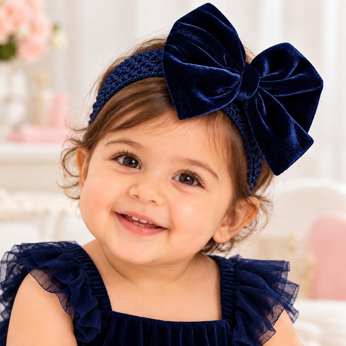 Navy Blue Velvet Bow Headband for Girls