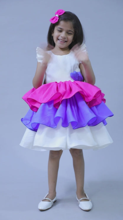 Colorblock Cotton Layered Dress with Matching Bow Clip - White