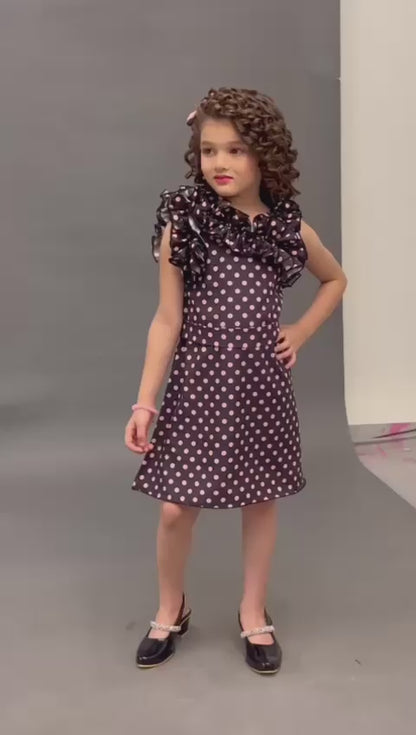 Pink Chick Ruffled Neck Polkadot Dress with Matching Clip