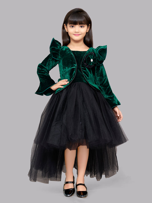Pink Chick Emerald Green Velvet and Black Jacket Style Hi-Low Dress