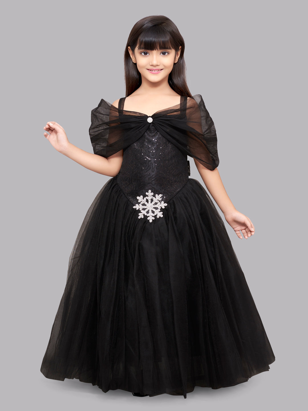 Net Solid Ruffle Gown In Black Colour - GW5680309