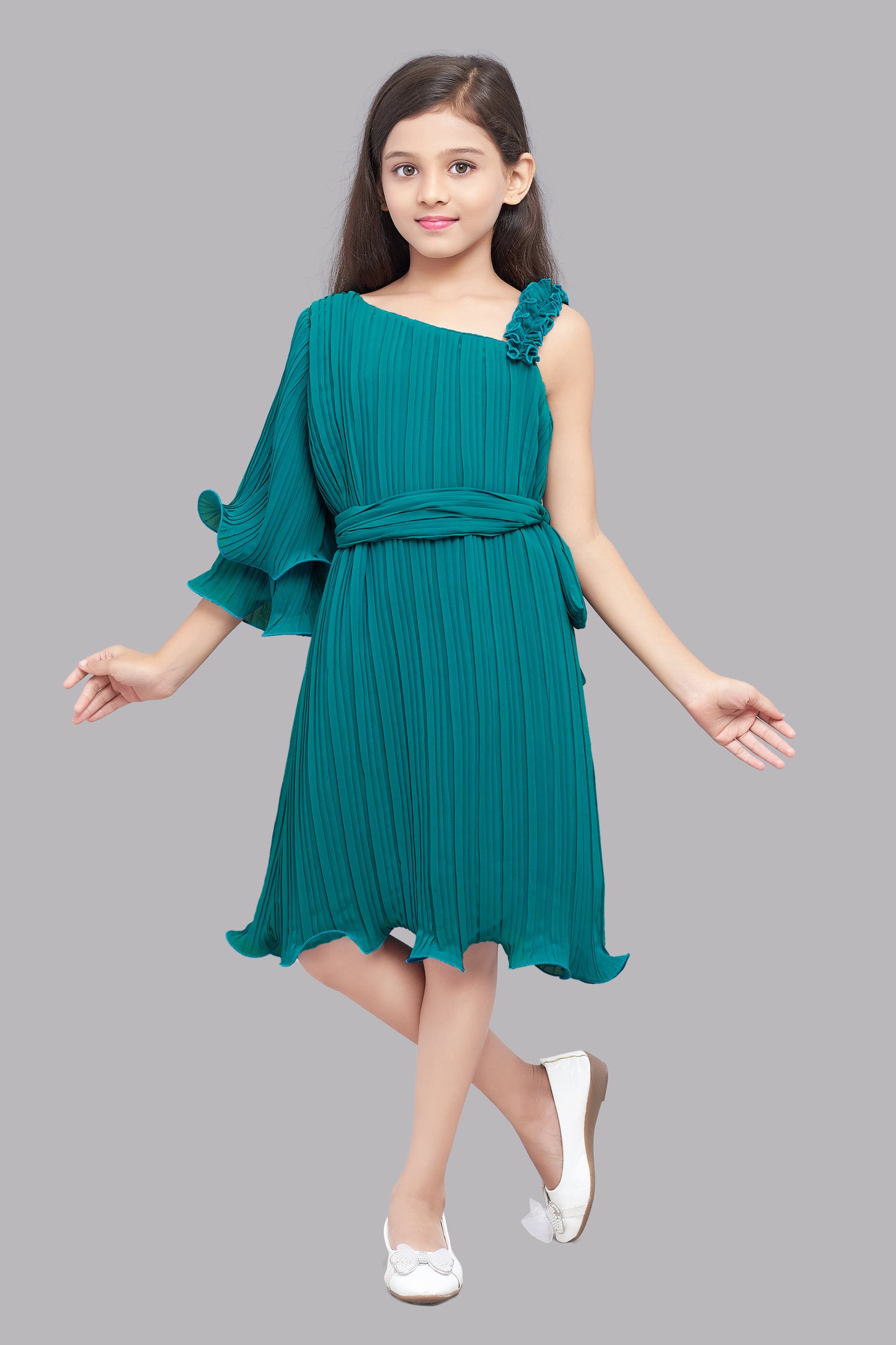 Pink Chick  Accordion Pleated One Shoulder  Dress -Teal