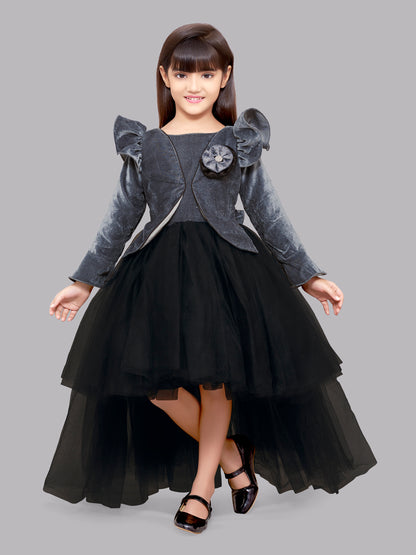 Pink Chick  Grey Velvet and Black Jacket Style Hi-Low Dress