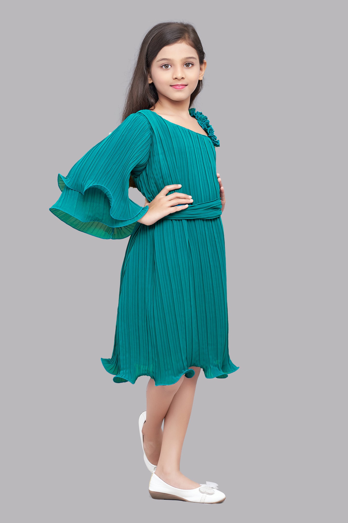 Pink Chick  Accordion Pleated One Shoulder  Dress -Teal
