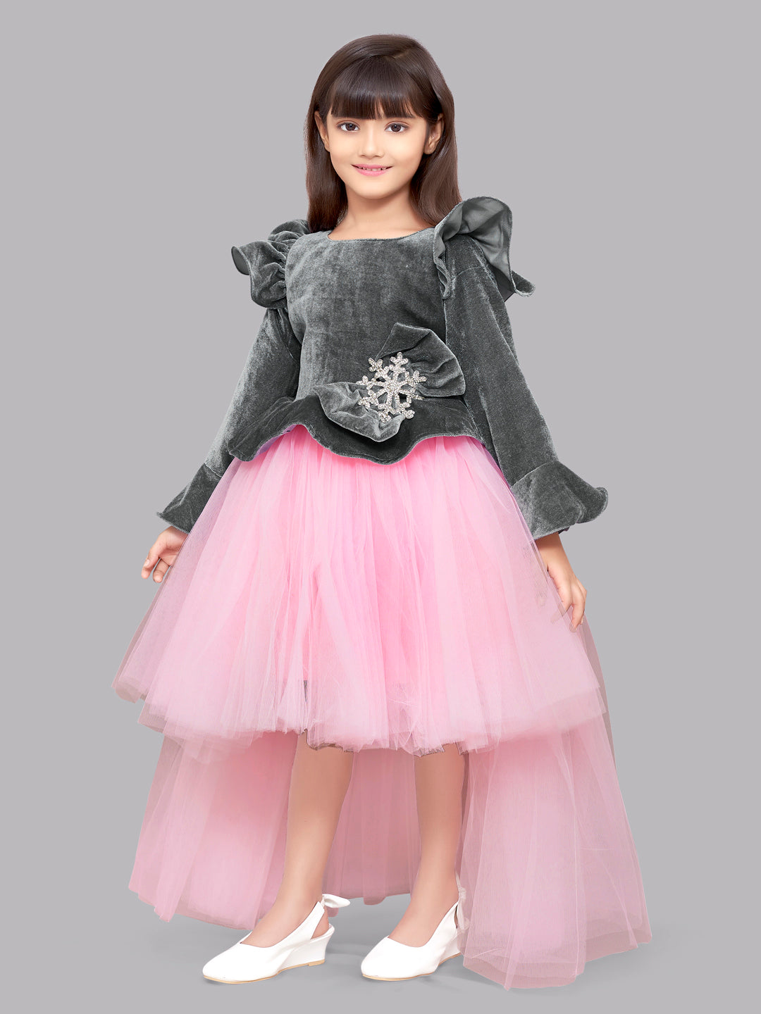 Pink Chick  Grey Velvet and Pink  Hi-Low Dress