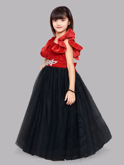 Red Velvet and Black Colorblock Gown