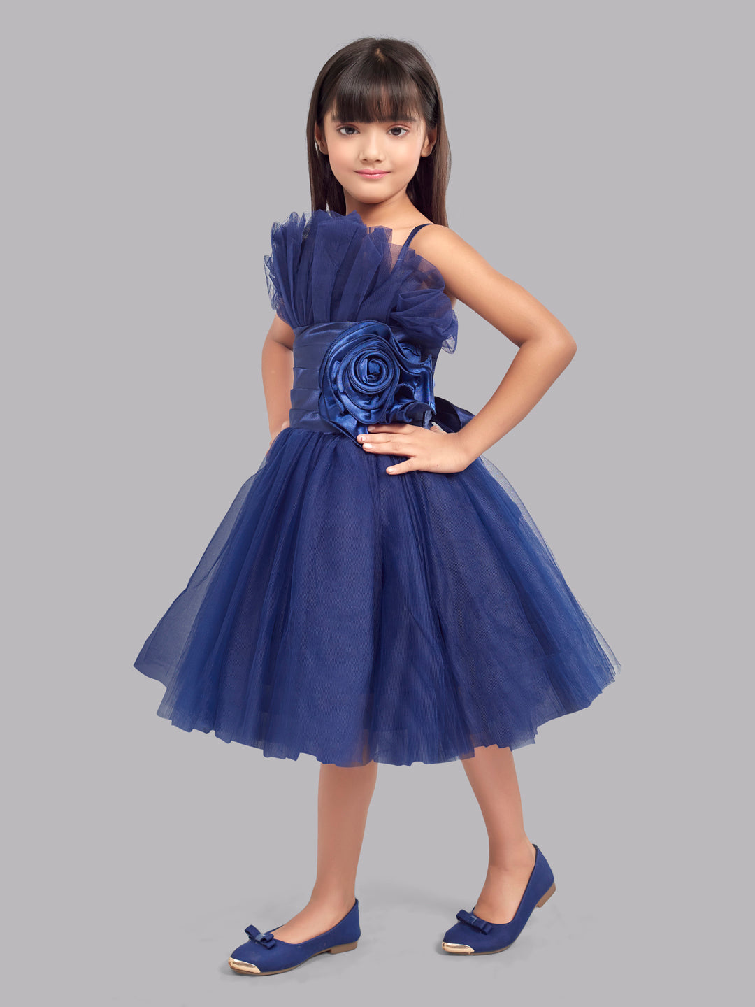 Ruffled Silhouette Party Dress -Navy Blue
