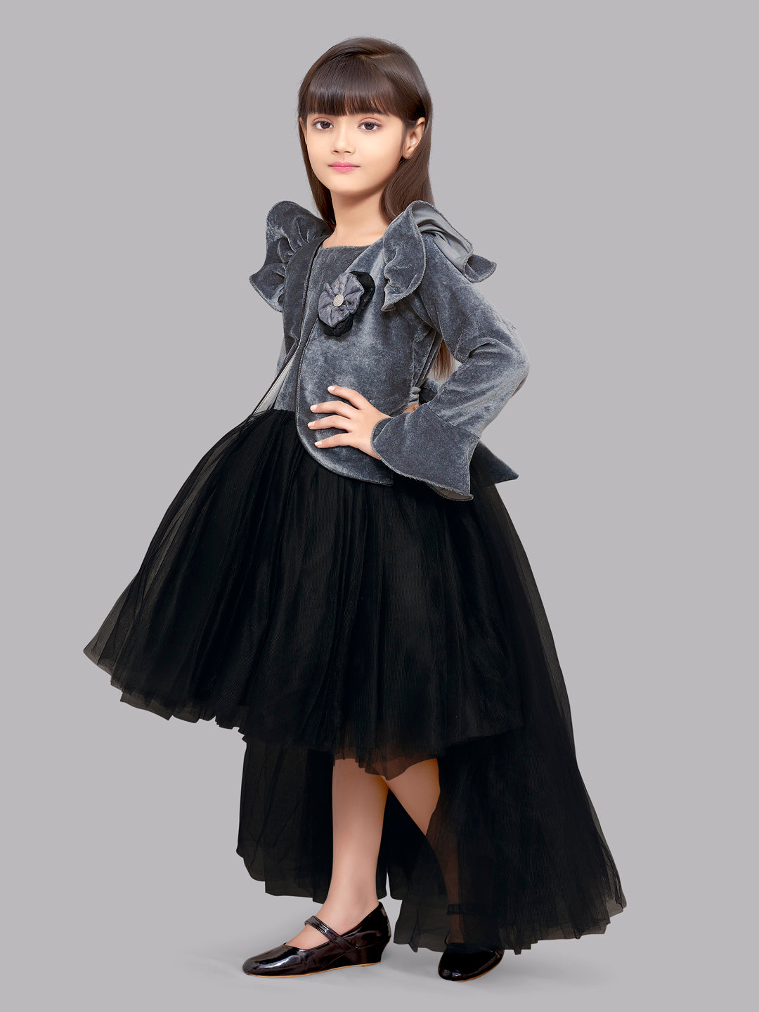 Pink Chick  Grey Velvet and Black Jacket Style Hi-Low Dress