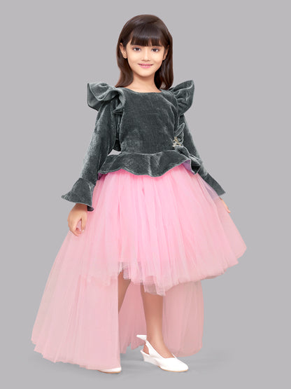 Pink Chick  Grey Velvet and Pink  Hi-Low Dress