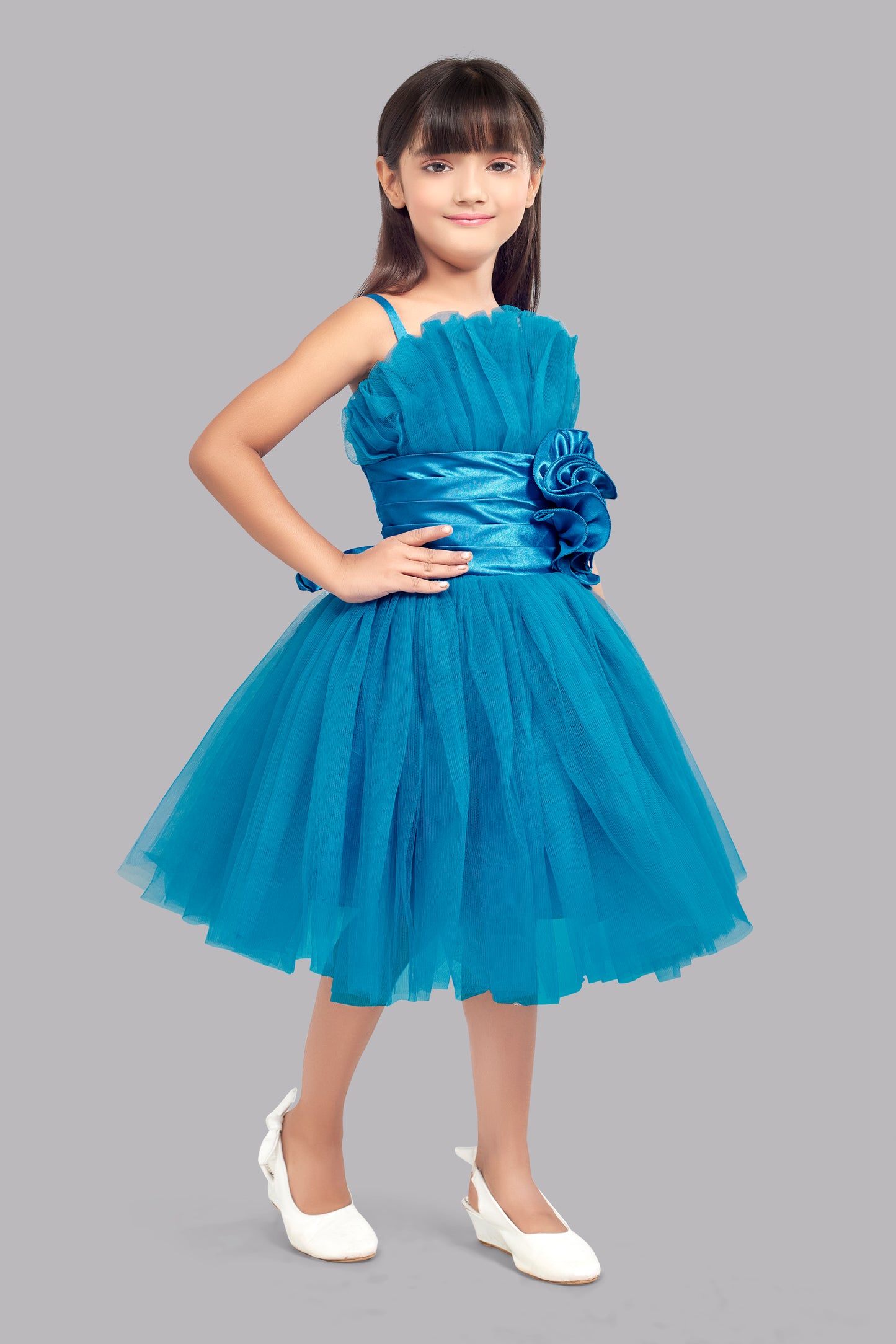 Ruffled Silhouette Party Dress- Pherozi Blue
