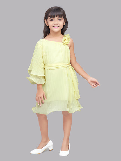 Pink Chick  Accordion Pleated One Shoulder  Dress -Yellow