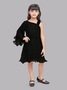 Pink Chick  Accordion Pleated One Shoulder  Dress -Black