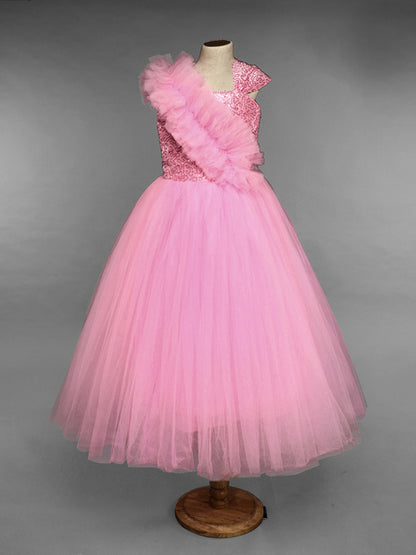 Pink Ruffled  Sequins Bodice Gown