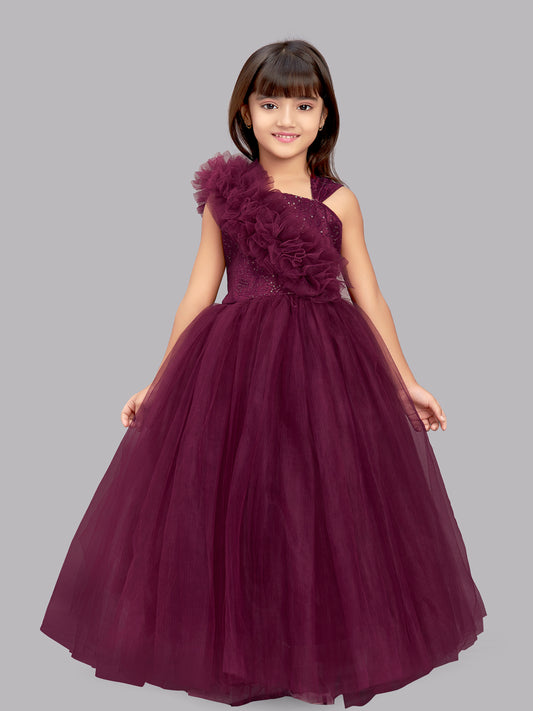Wine  Ruffled Sequins Bodice Gown