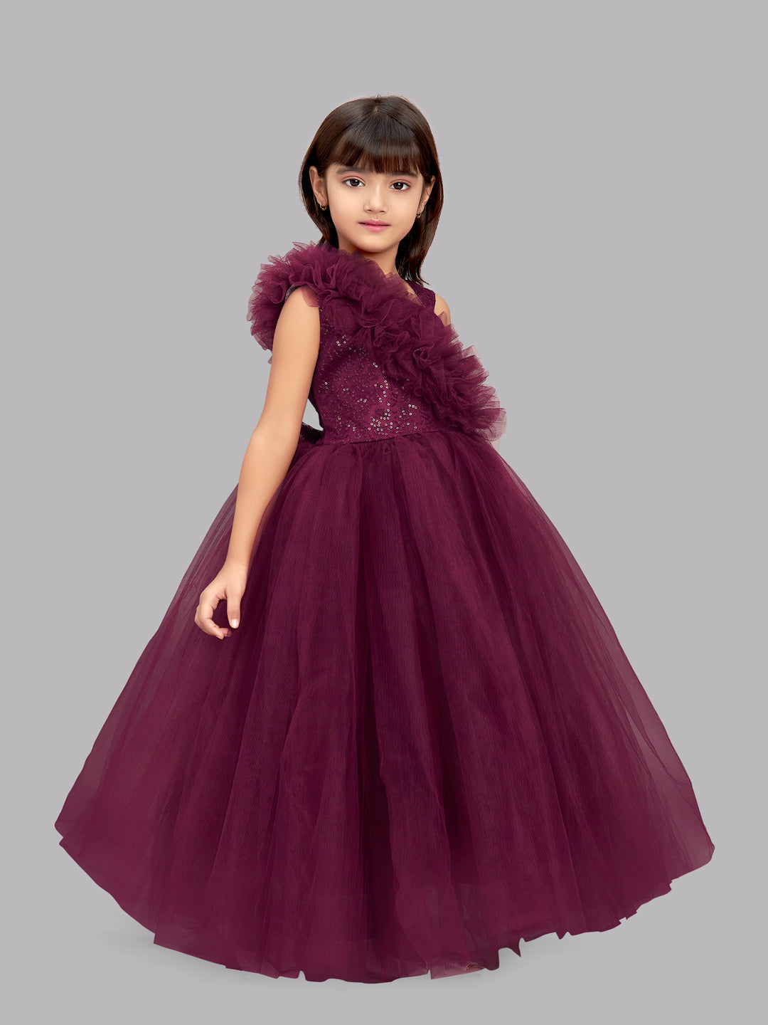 Wine  Ruffled Sequins Bodice Gown