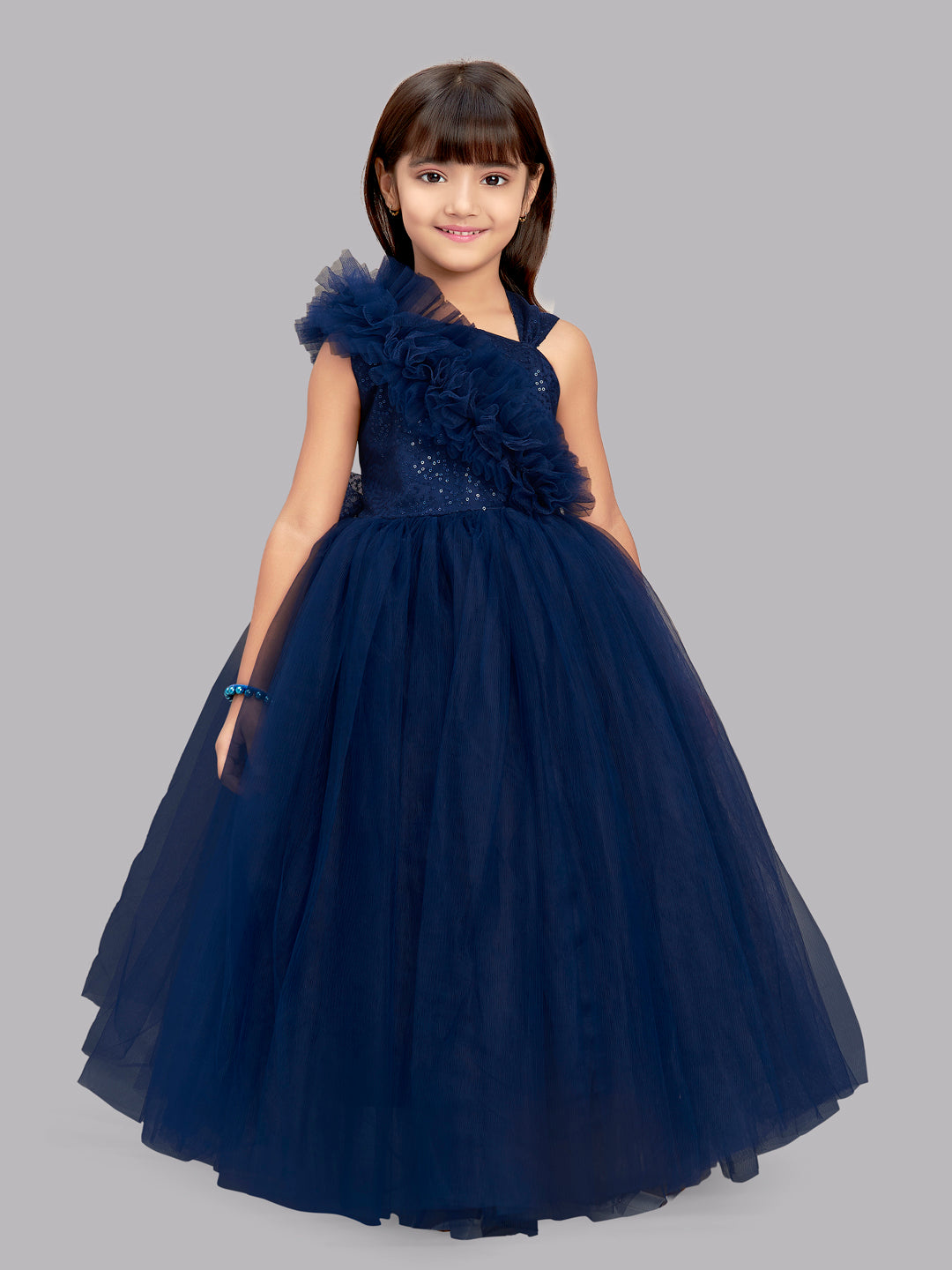 Navy Blue  Ruffled Sequins Bodice Gown