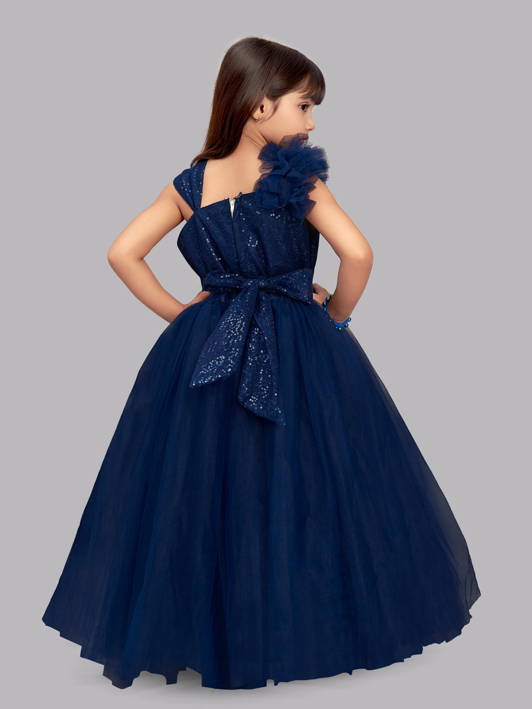 Navy Blue  Ruffled Sequins Bodice Gown