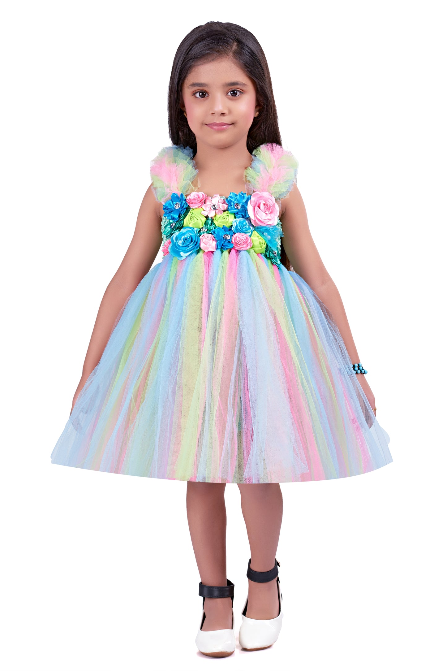 Super Sale -Mint Colourful Ruffle Sleeves Dress