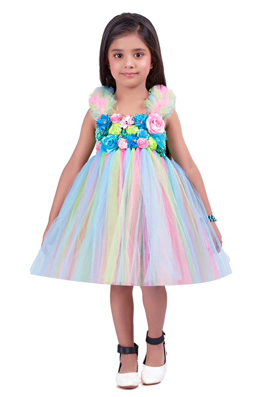 Super Sale -Mint Colourful Ruffle Sleeves Dress