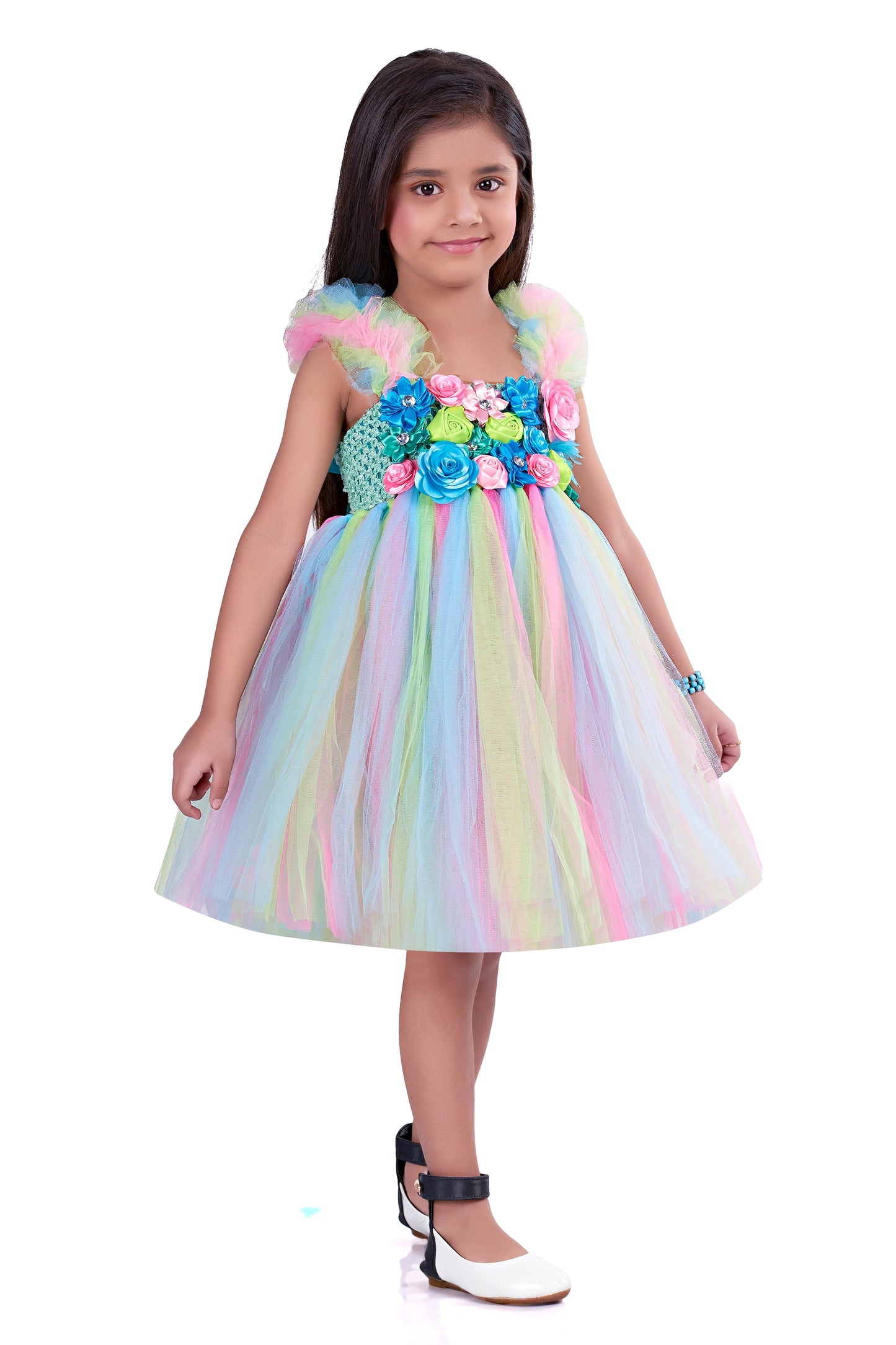 Super Sale -Mint Colourful Ruffle Sleeves Dress
