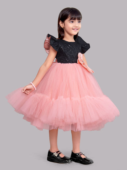 Pink Chick Sequins Black and Peach Tulle  Dress