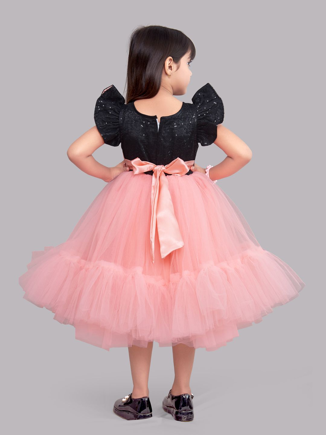 Pink Chick Sequins Black and Peach Tulle Dress