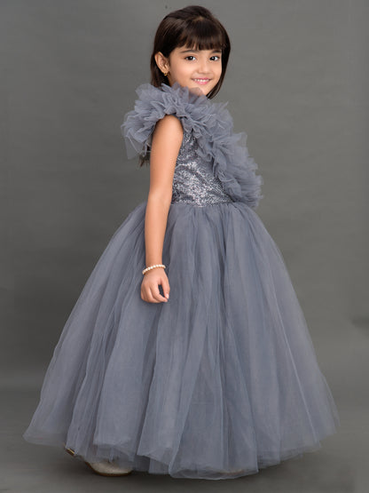 Grey  Ruffled  Sequins Bodice Gown