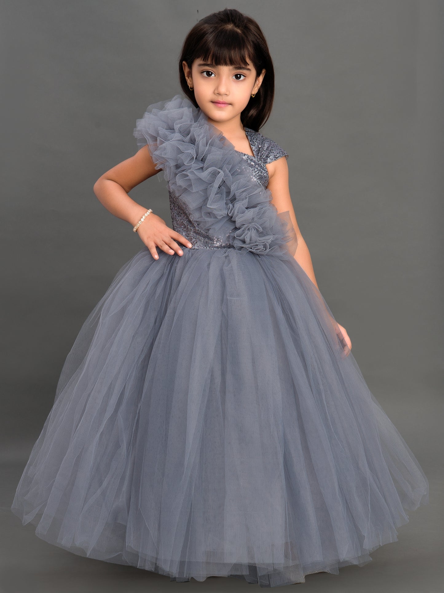 Grey  Ruffled  Sequins Bodice Gown