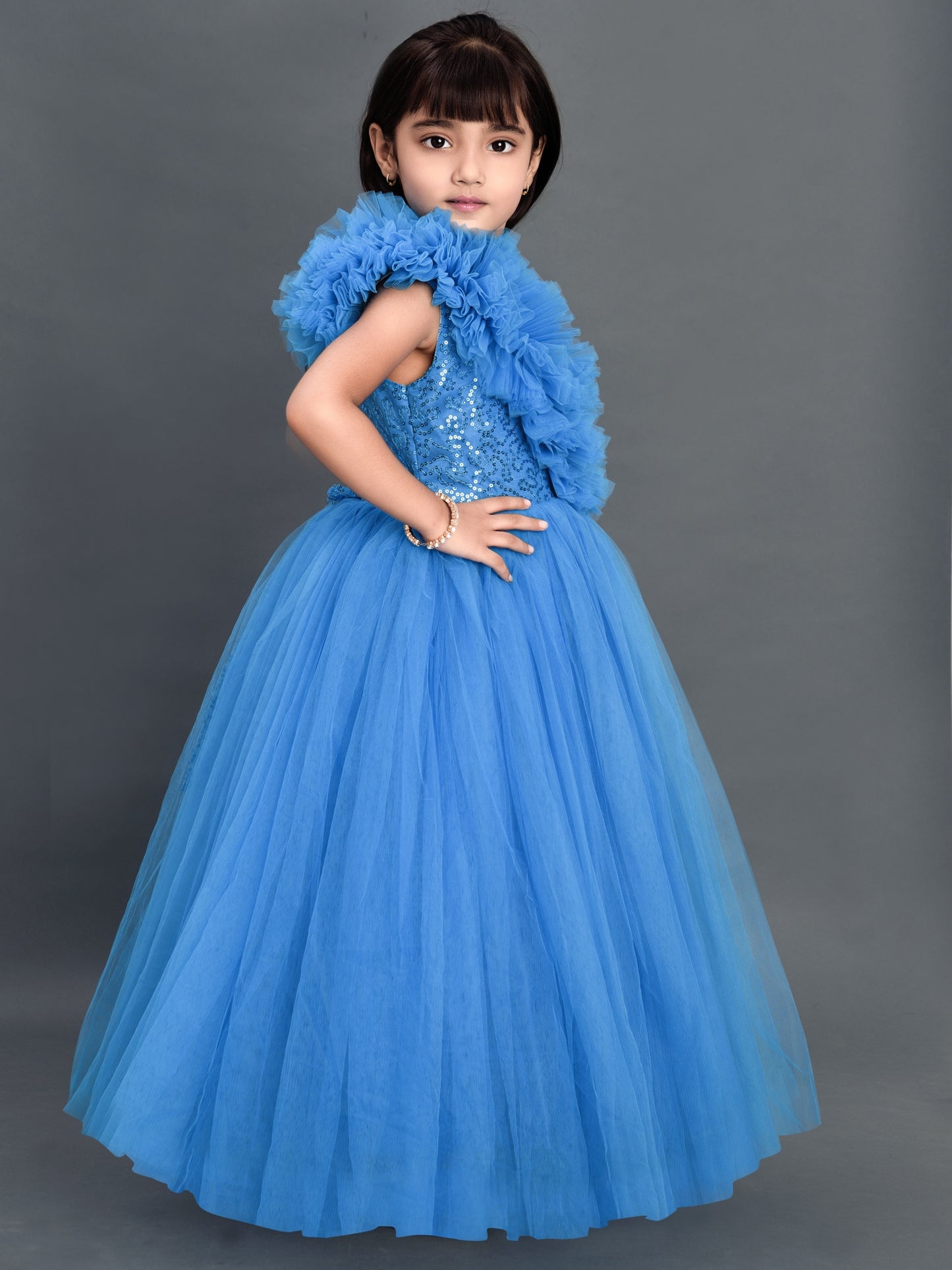 Blue Ruffled  Sequins Bodice Gown