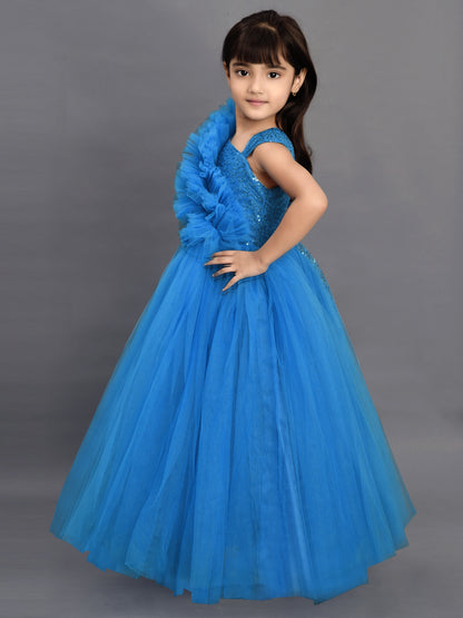 Blue Ruffled  Sequins Bodice Gown
