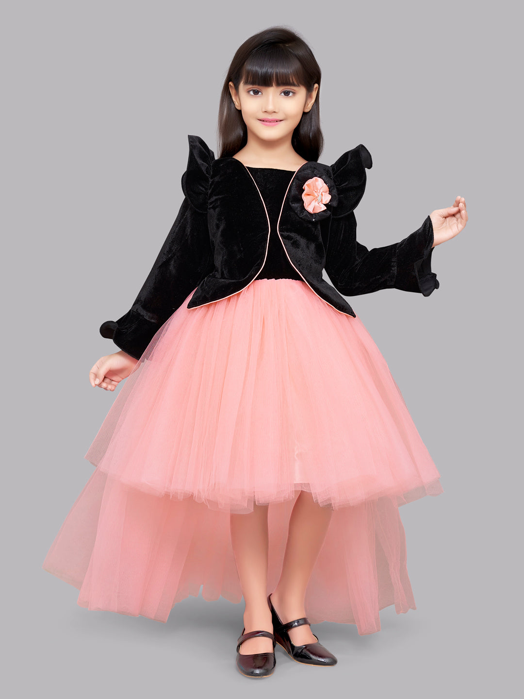 Pink Chick  Black Velvet and Peach Jacket Style Hi-Low Dress