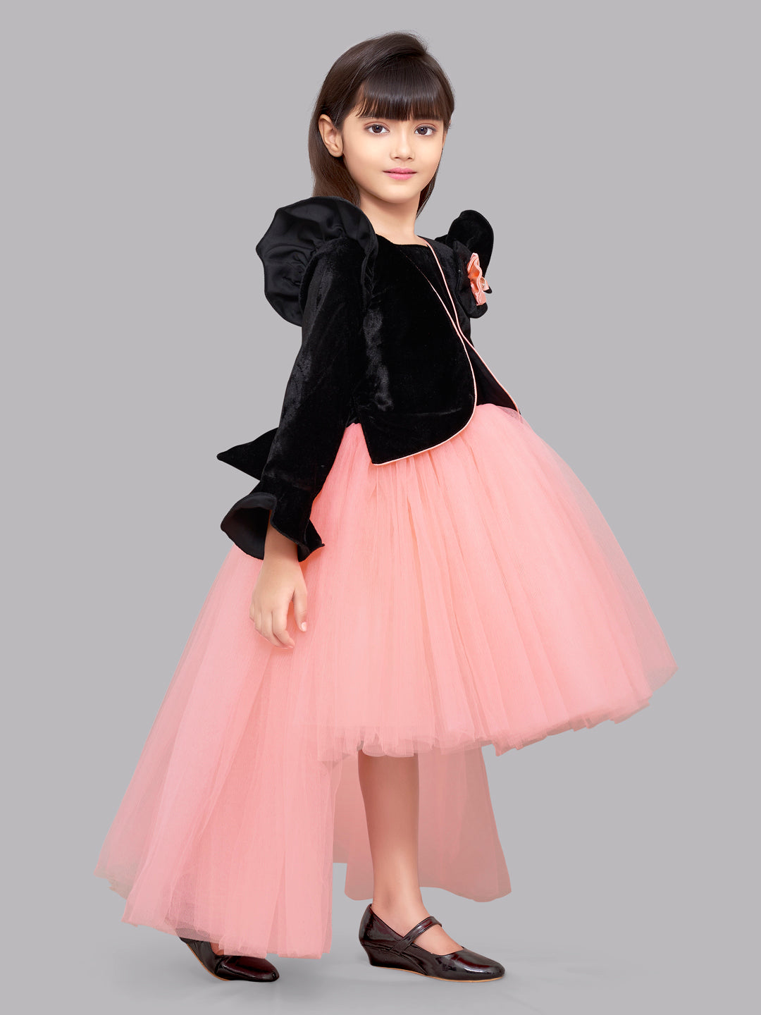 Pink Chick  Black Velvet and Peach Jacket Style Hi-Low Dress