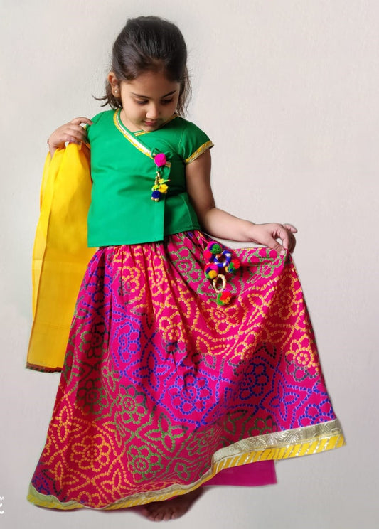 Cotton Lehenga --- Bhandej Pink & Green