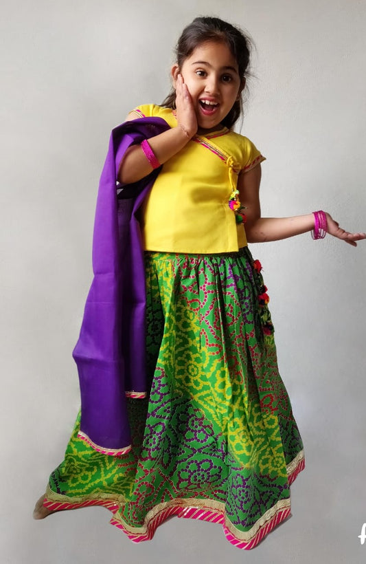 Cotton Lehenga --- Bhandej Yellow and Green