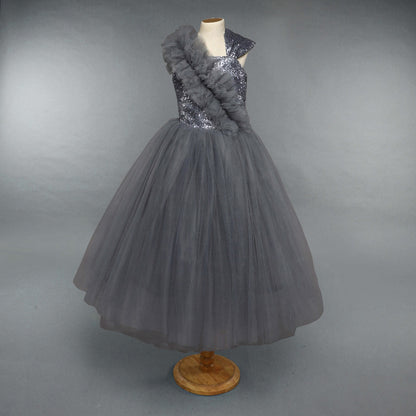 Grey  Ruffled  Sequins Bodice Gown